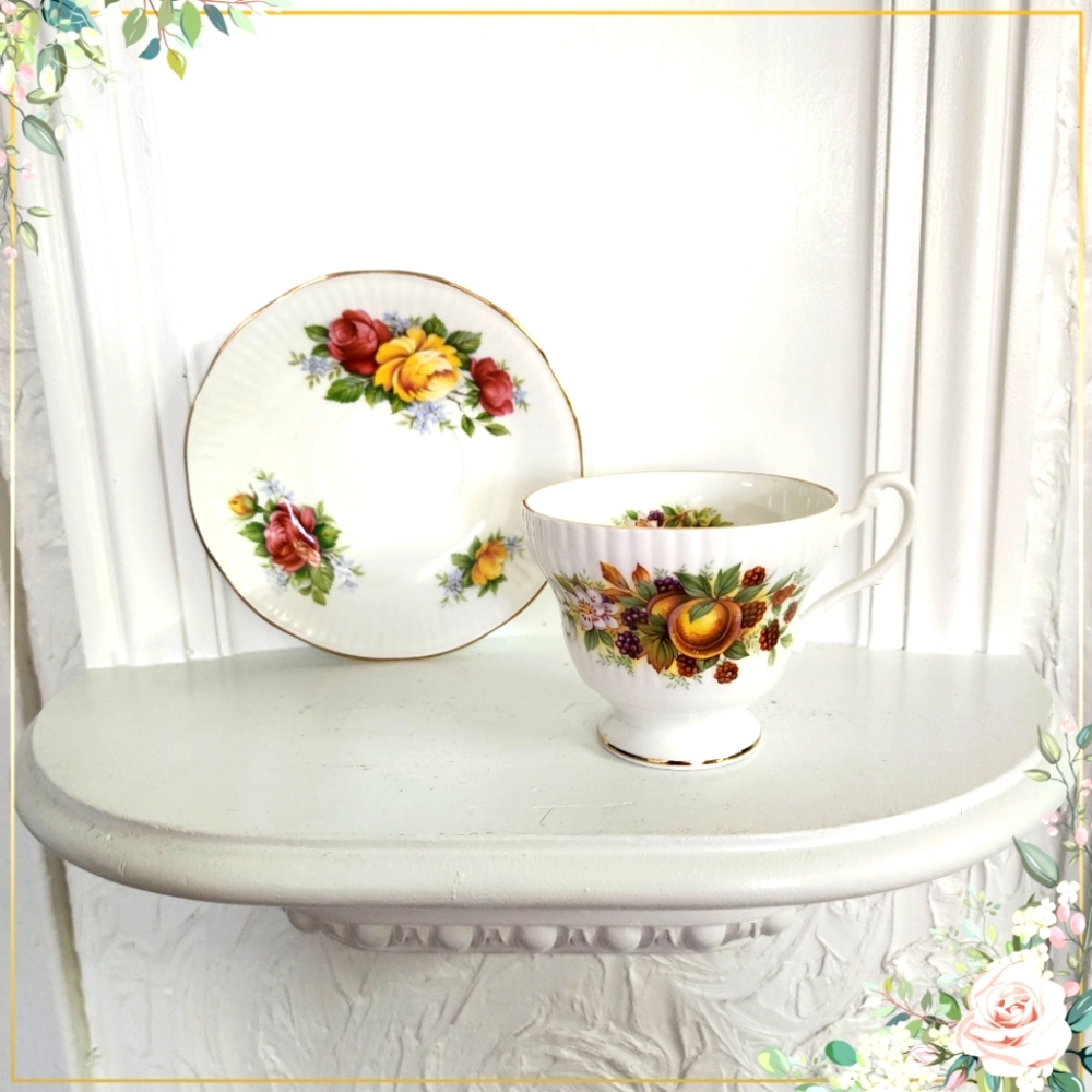 Royal Minster Pedestal Cup And Saucer - White yellow roses peaches on cup Engla